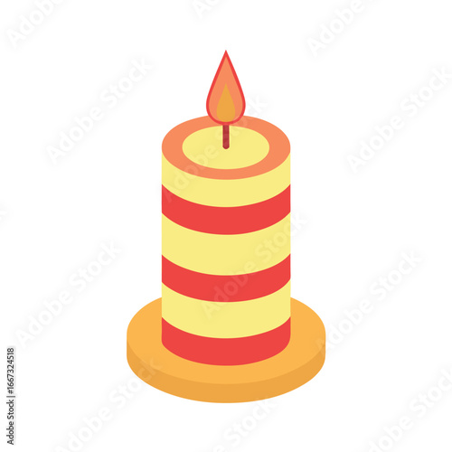 Isometric illustration of a striped candle with a flame on a white background
