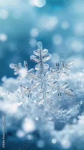 Shiny crystal snowflakes on the end of a branch, glistening in the moonlight against a backdrop of softly falling white snow.