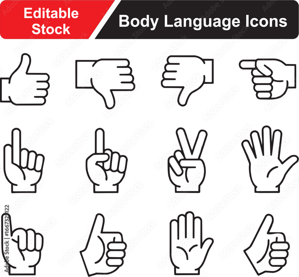 Obraz premium Body language glyph icon set. Vector pictograms of hand gesture, pointing, thumbs up, wave, fist, open palm, okay sign, and communication, black sign silhouette illustration.