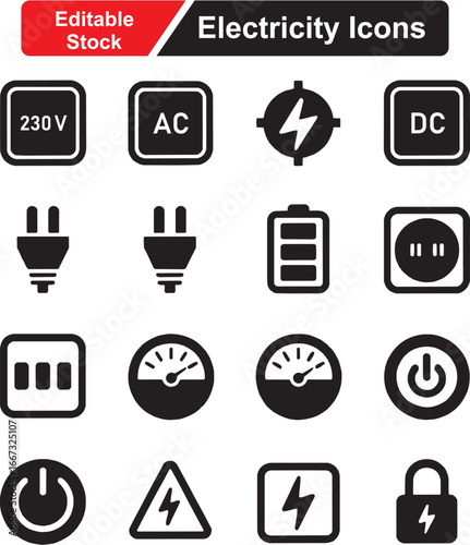 Electrical glyph icon set. Vector pictograms of battery, plug, socket, voltage, AC, DC, power, energy, warning, and electricity, black sign silhouette illustration.