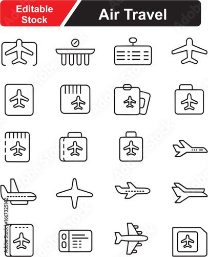 Airport glyph icon set. Vector pictograms of airplane, departure, arrival, boarding pass, luggage, terminal, runway, travel, flight, and control tower, black sign silhouette illustration.