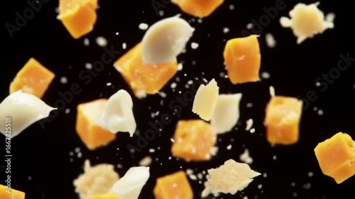 Exploding Cheese Cubes Cheddar  Gouda with Food Photography on Black Background.