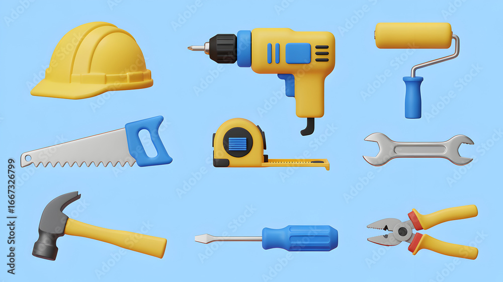 Collection of cartoon construction tools on a blue background Collection of cartoon construction tools on a blue background