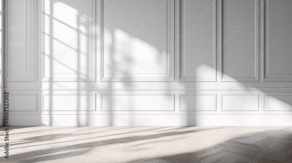 Obraz premium Sunlight casts shadows on a white wall with decorative molding in an empty room.