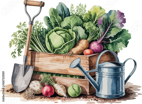  a rich and abundant garden harvest, featuring a wooden crate overflowing with various fresh vegetables like cabbage, carrots, and beets.