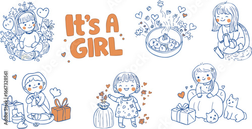 Baby girl arrival announcement vector with cute children and gifts in soft blue and orange colors for newborn celebration design