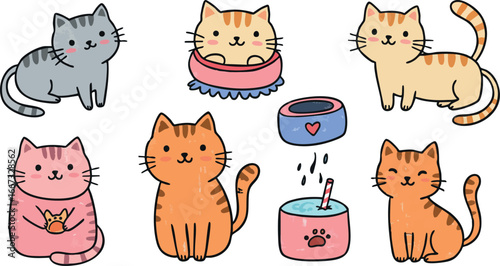 Cute cartoon cats with food bowls and playful poses vector illustration colorful pet animals design