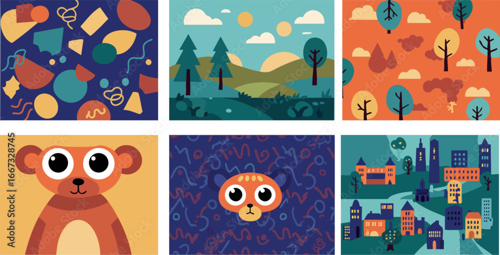 Fototapeta premium Colorful cartoon animals and nature landscape vector collection with cityscape and trees in flat style