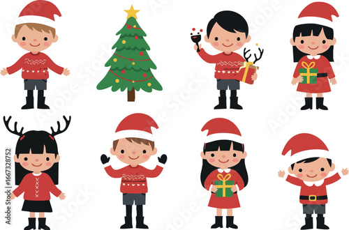 Children wearing red Christmas sweaters and Santa hats celebrating with gifts and festive tree vector illustration