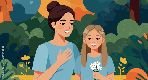 Mother and daughter spending quality time outdoors holding flowers in sunny garden vector illustration