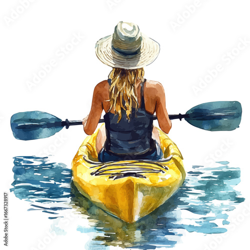 watercolor of Kayaking Summer Adventure Lake, vector, isolated on a white background.