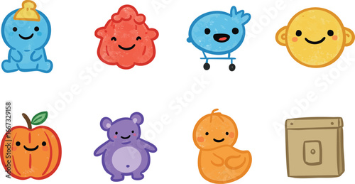 Cute colorful baby animals fruits and objects cartoon style vector icons for kids design and education purposes