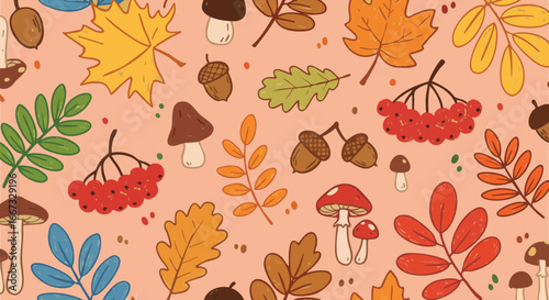 Autumn Leaves Acorns Mushrooms and Berries Seamless Pattern in Warm Orange and Red Tones for Fall Design and Decoration