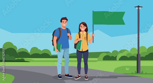 Two young hikers with backpacks holding green flag standing on trail in sunny park vector illustration