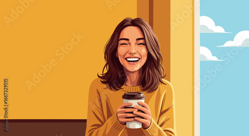 Woman smiling happily holding coffee cup indoors with bright yellow background and blue sky outside window vector illustration