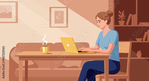 Woman working on laptop at wooden table with coffee cup in warm home office interior vector illustration
