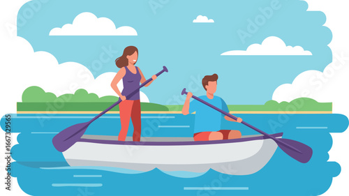 People rowing boat on lake enjoying outdoor leisure activity with blue sky and green nature landscape vector illustration
