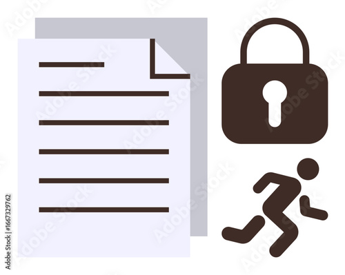 Paper document, padlock, and fleeing figure symbolizing data security, confidentiality, and protection. Ideal for cybersecurity, privacy, compliance, risk management fraud prevention legal simple