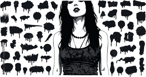 Woman with black hair and necklace surrounded by various black tree silhouettes in vector style digital art