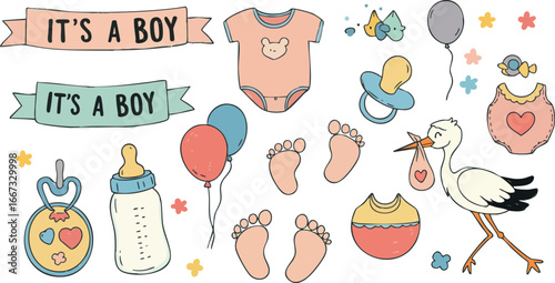 Baby Boy Shower Decorations with Stork, Pacifier, Bottles, Balloons, Footprints, and Cute Clothing for Newborn Celebration