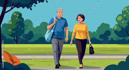 Mature couple walking in park enjoying sunny day casual lifestyle outdoor activity vector illustration