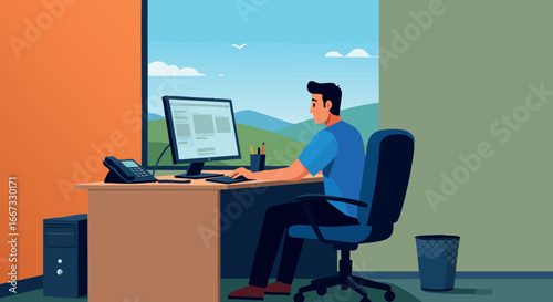 Man working at computer desk in office room with modern setup and casual clothing vector illustration