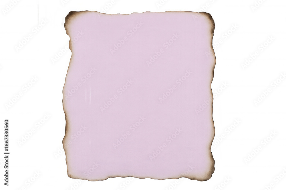 Obraz premium Burnt pink paper fragment, transparent backdrop revealing delicate scorched edges and vintage texture