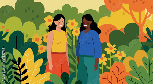 Two diverse women smiling outdoors in vibrant autumn nature with yellow and orange foliage vector illustration