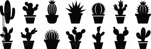 Silhouette cactus plants in pots, various species and shapes, desert succulent collection, botanical vector set, black isolated design, decorative houseplants illustration