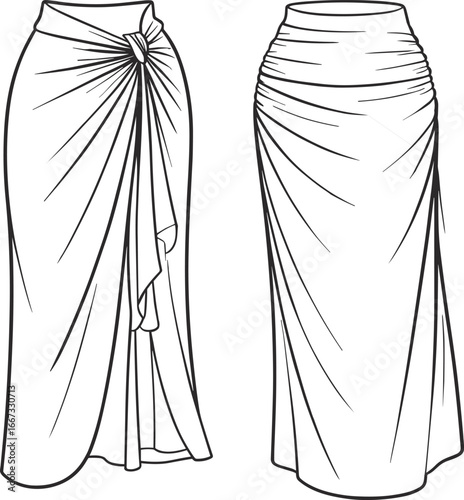Long skirt fashion flat, draped knot waist design, ruched fitted silhouette, front and back technical vector illustration, women's elegant garment construction template