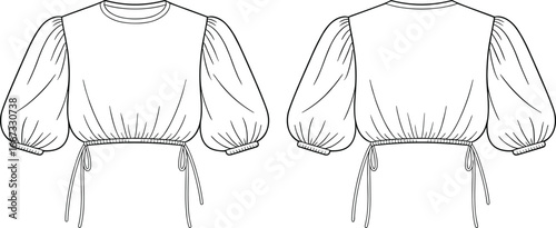 Women's blouse fashion flat, puff sleeves, round neckline, drawstring waist with ties, front and back technical vector illustration, loose fit garment design template