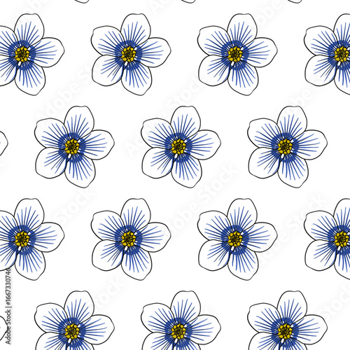 Alpine Forget Me Not or Myosotis alpestris flower Seamless Pattern Hand drawn vector line art, Black and Blue Flower isolated in white. Beautiful design for textile, wallpaper, wrapping paper