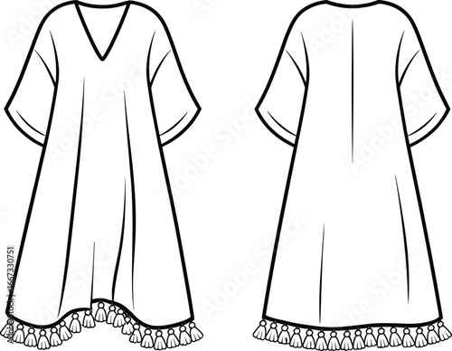 Kaftan tunic dress fashion flat, V‑neckline, wide short sleeves, fringe hem with tassels, front and back technical vector illustration, women's loose‑fit garment design