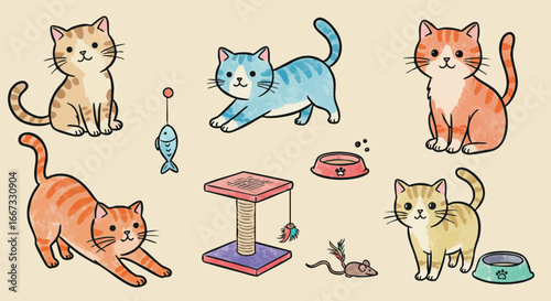 Cartoon playful cats with scratching post and toys vector art in colorful style for pet lovers and kitten playtime fun
