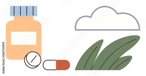 Medicine bottle with pills beside natural leaf and cloud. Ideal for healthcare, organic wellness, nature, sustainability, pharmaceutical products, eco-consciousness, health awareness. Simple flat