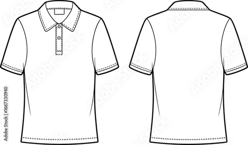 short sleeve polo shirt front and back view, cad drawing flat vector illustration, fashion garment technical sketch, apparel design template, clothing mockup