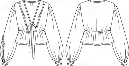 women’s blouse front and back view, deep v‑neckline, waist tie closure, peplum gathered bodice, ruffle sleeve with buckle cuff, technical flat cad drawing vector illustration