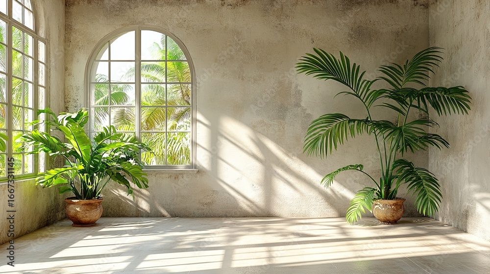 Obraz premium Sunlit room with tropical plants and window view in a serene and minimalist space