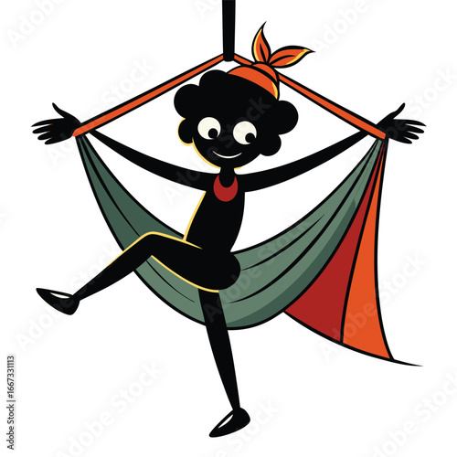 Black Silhouette of Person Performing Aerial Silk Dance Vector Illustration