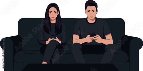 Young man and woman sitting on sofa playing video games together casual lifestyle technology entertainment vector illustration