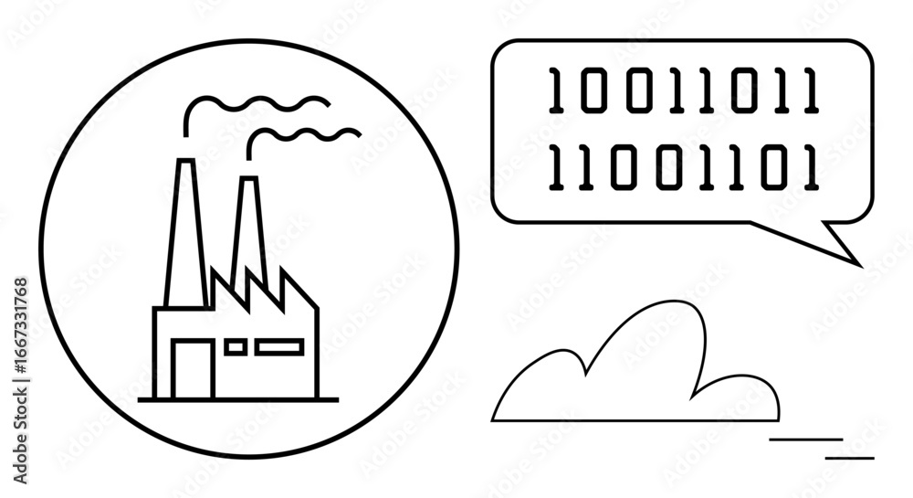 Obraz premium Factory within circle emitting binary data symbolizing digital communication, technology integration, and cloud computing. Ideal for manufacturing, IoT, automation, data flow, smart industry