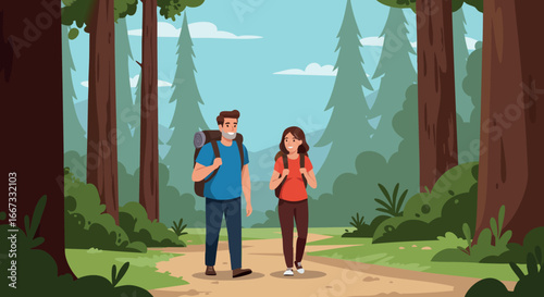 Young couple hiking forest trail enjoying nature adventure outdoors landscape scene vector illustration