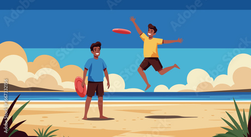 Children playing with frisbee on beach during sunny day summer outdoor activity vector illustration