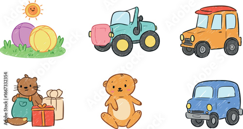 Cute cartoon style colorful toy cars and animals set with sun and gifts vector illustration