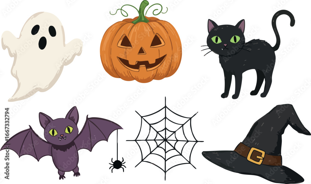 Obraz premium Halloween pumpkin ghost black cat bat spider web witch hat spooky vector illustration