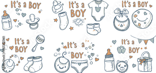 Baby boy announcement icons with bottles pacifier clothes and toys cute newborn design elements vector set