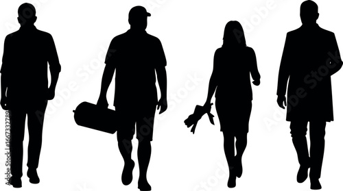Silhouettes of four people walking with various items in hand vector illustration black shapes