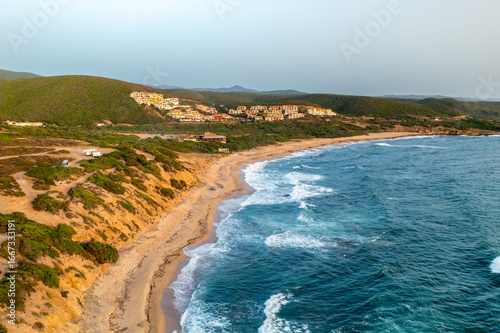 Fotografie Drone aerial view of Costa Verde beach and hills in Arbus, Sardinia, Italy