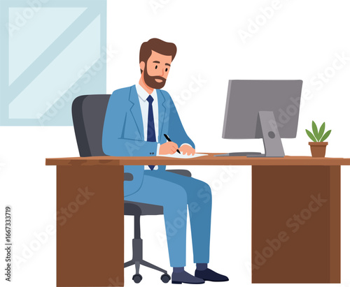 Businessman working at desk with computer in modern office environment vector illustration