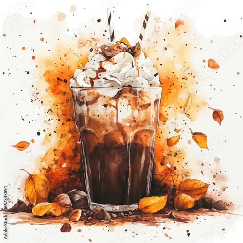 Hot Chocolate Autumn Warmth, watercolor clipart vector, isolated on a white background.